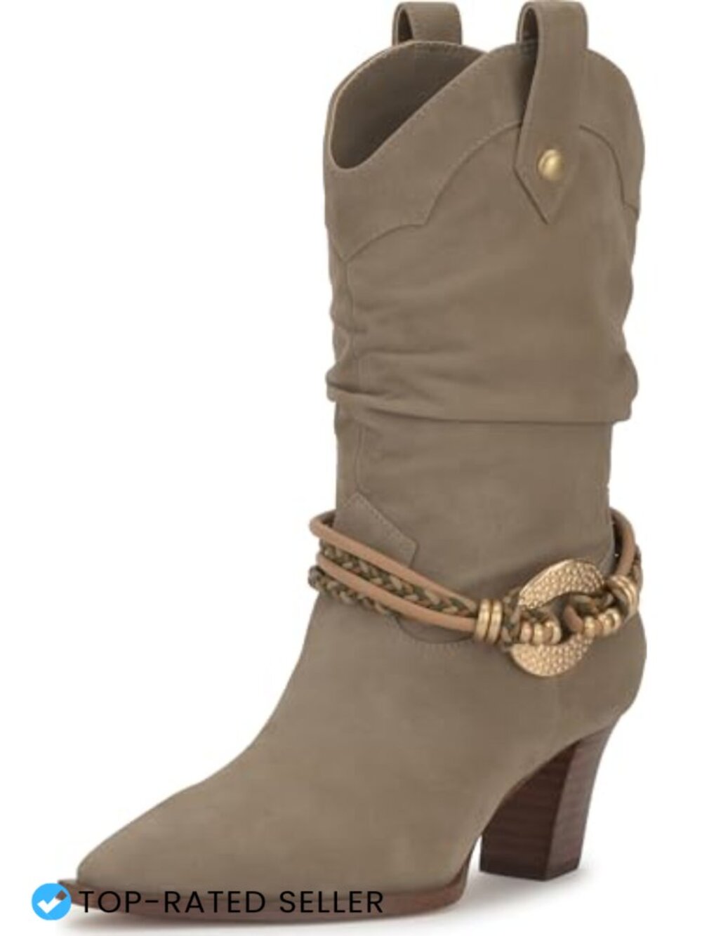 Hanie Western Slouch Bootie Leather Pointed Toe Stacked Heel Mid Calf Pull On